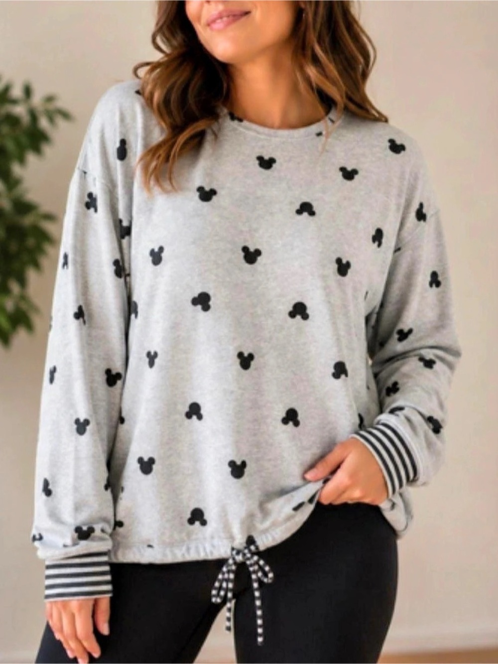 Disney Mickey Mouse Print Long Sleeve Top Gray & Black